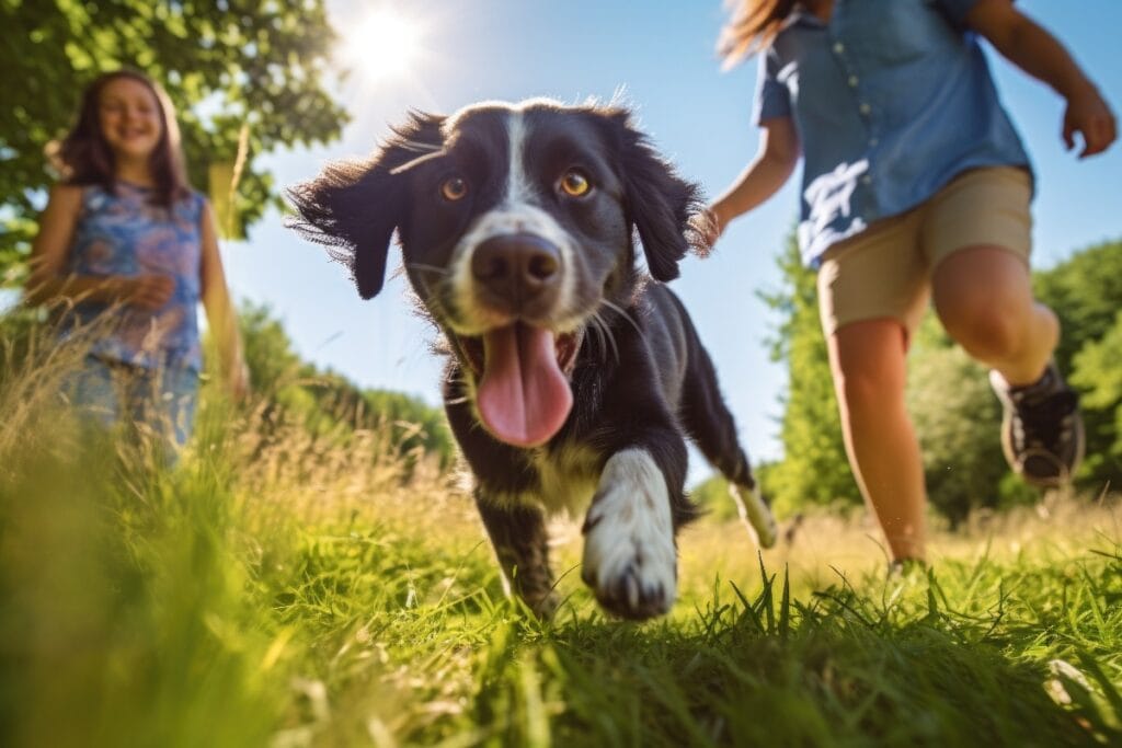 Hund rennt mit Kindern